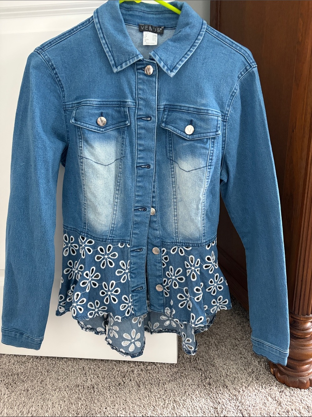 VENUS Blue Denim Jacket with White Floral Eyelet Peplum